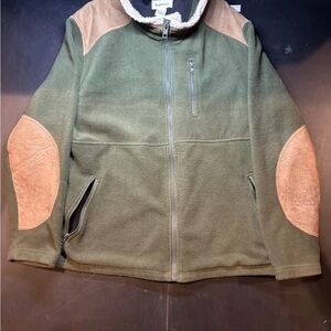 RUFF HEWN Full Zip Up Elbow Patch Sherpa Trim Black Fleece Jacket Men's Size L